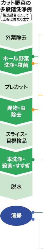 カット野菜の多段階洗浄例